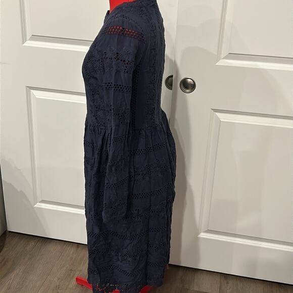 Roolee Navy Blue Long Sleeve Cotton Eyelet Fit Flare Modest Dress Size Medium - Picture 4 of 8